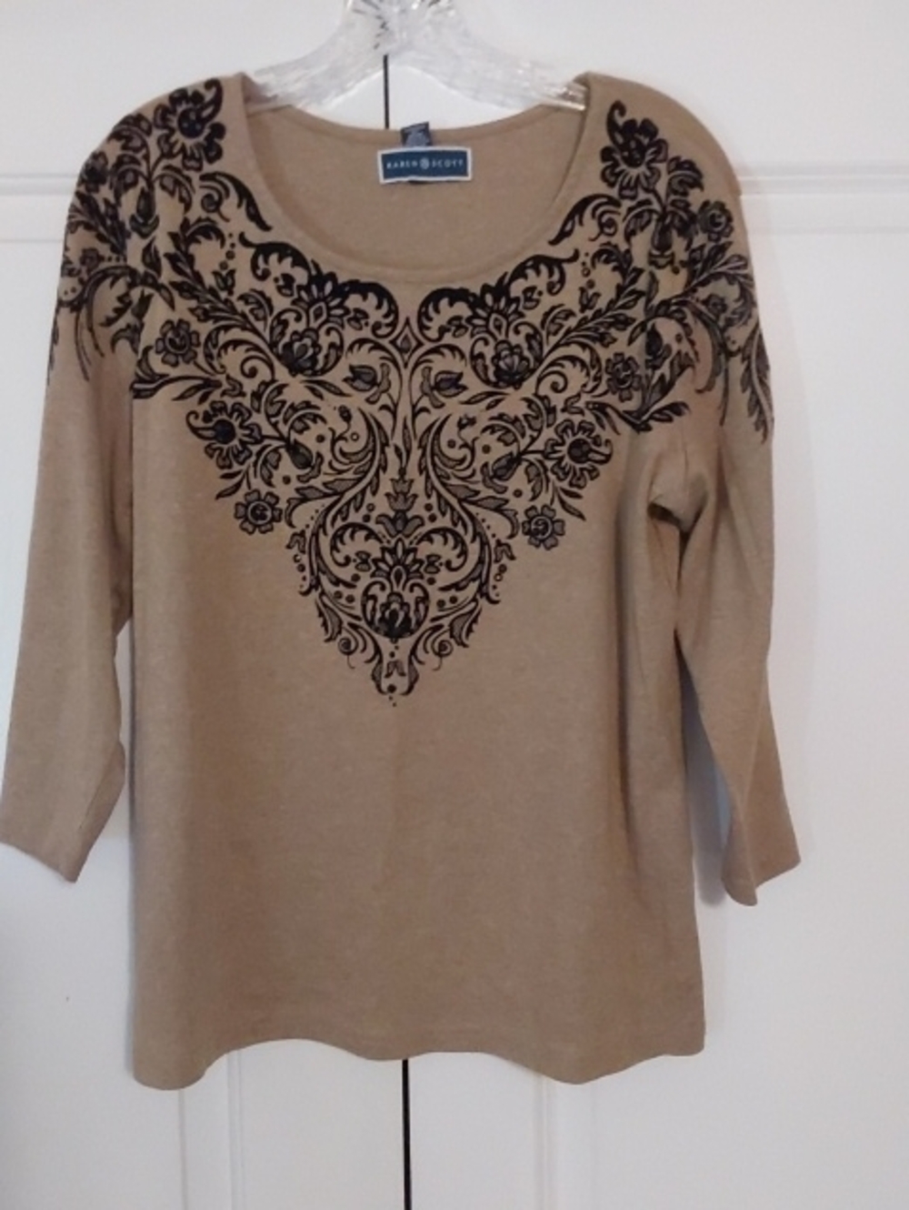 Karen Scott Tan Scoop Neck Top with Black Scroll Print